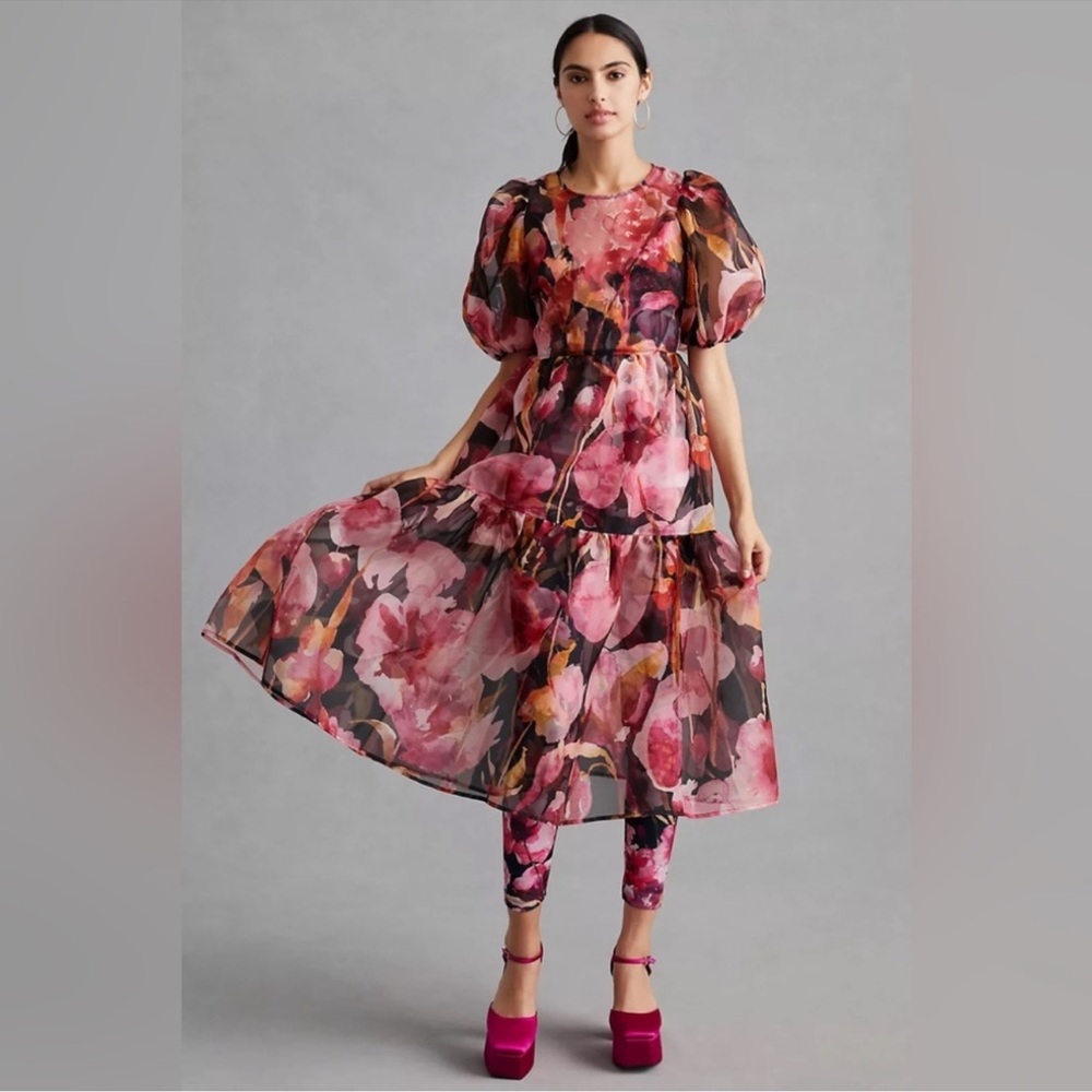Anthropologie Vibrant Pink and Black Organza  Midi Dress size M